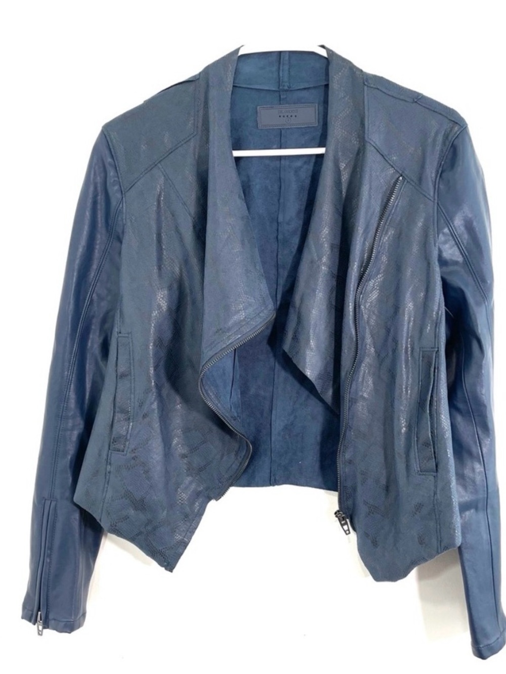 Anthropologie BlankNYC Sharona Blue Faux Leather Snake Waterfall Jacket Small